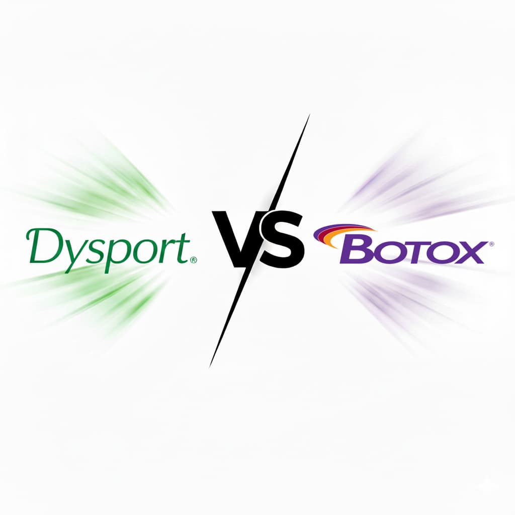 Graphic showing Dysport® vs. BOTOX® comparison with green and purple motion effects representing the two popular wrinkle-smoothing injectables
