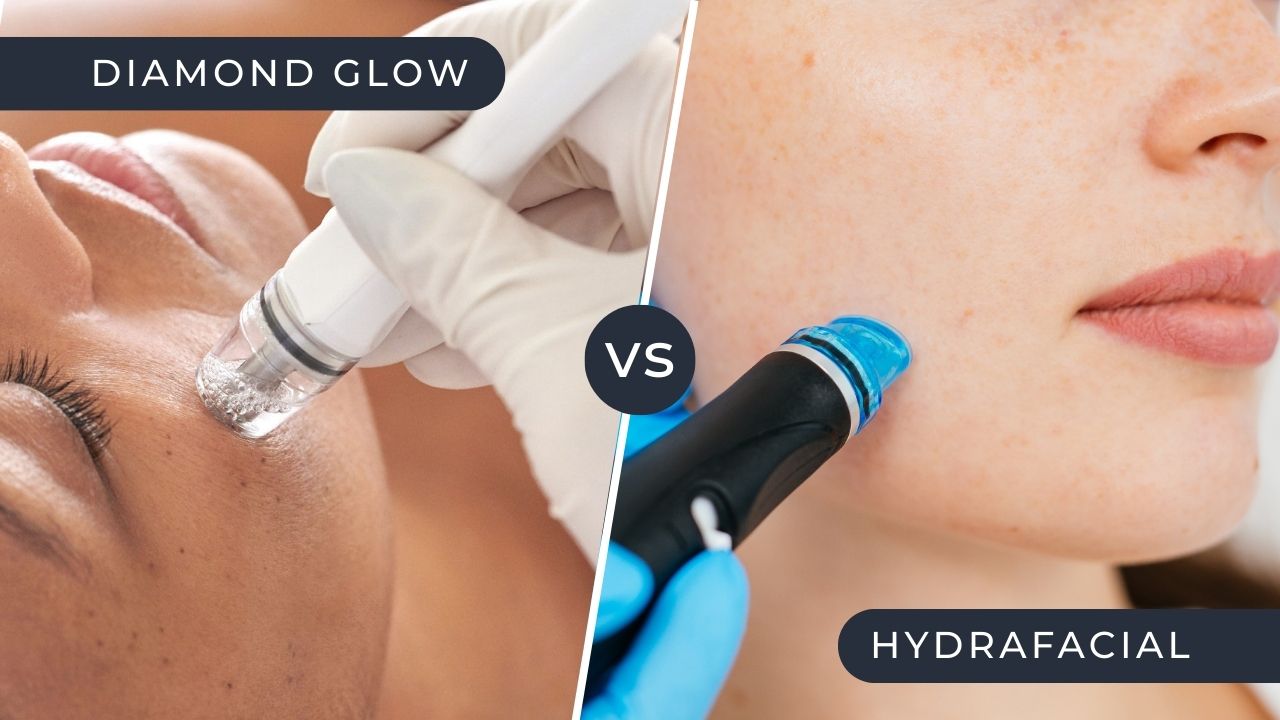 Side-by-side comparison of DiamondGlow vs HydraFacial devices exfoliating and hydrating facial skin during professional treatment.