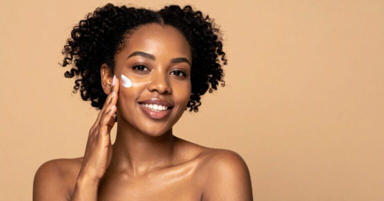 A young woman with natural curly hair smiling while applying product to her cheek