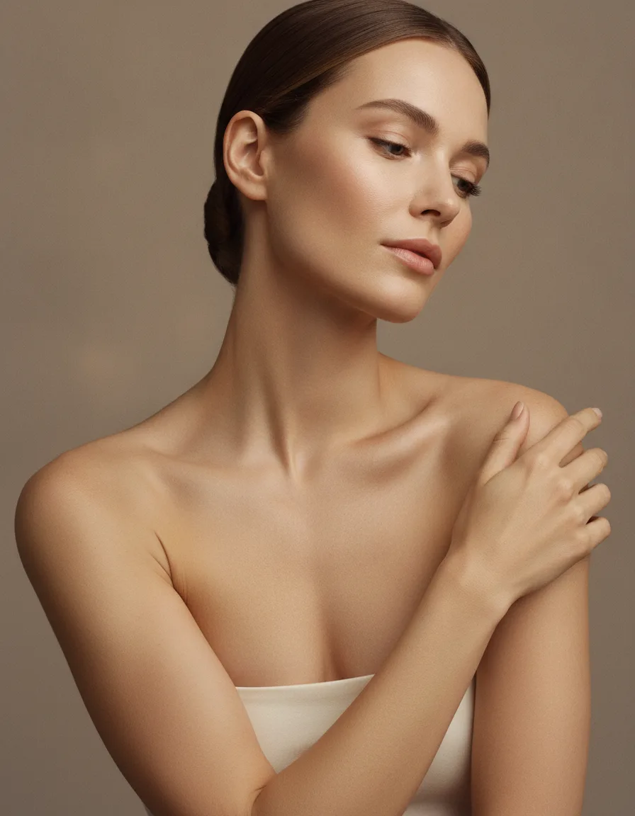 Editorial portrait showing the face, neck, and décolletage — areas treated with Ultherapy