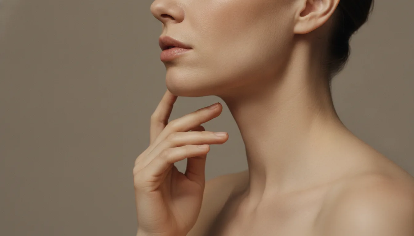 Close-up editorial portrait of smooth, lifted jawline and neck skin