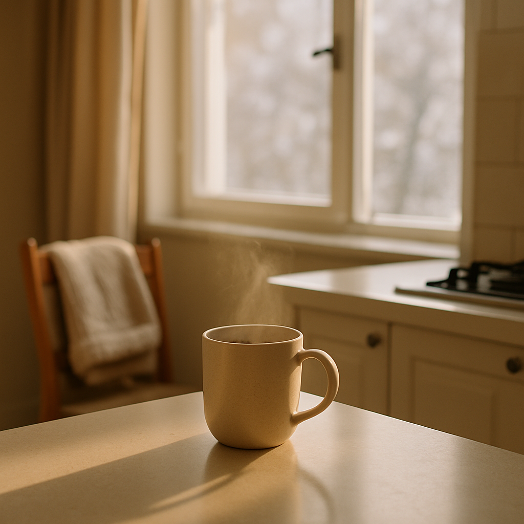 Person making tea in a bright kitchen with an open window behind them