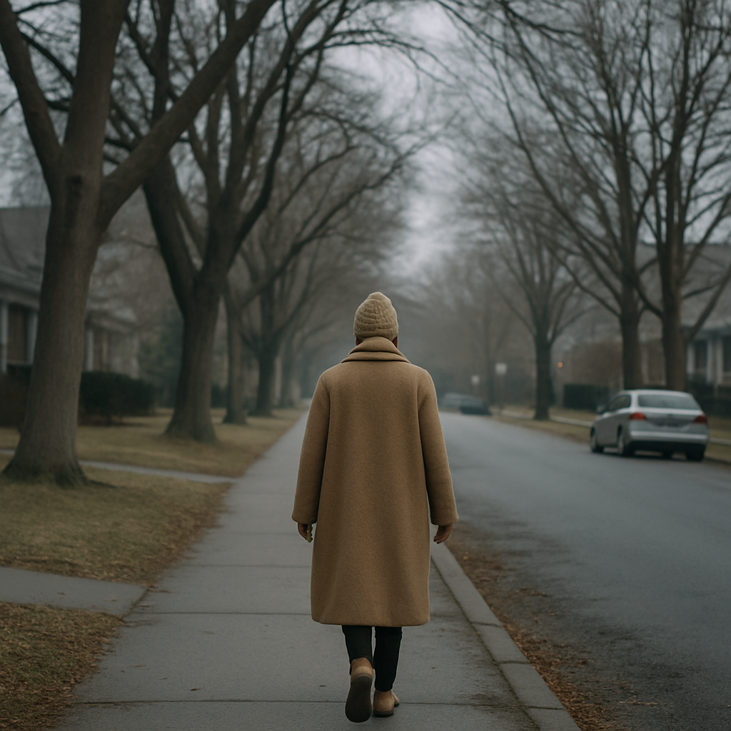 Woman in a warm coat walking through a city street on an overcast winter morning
